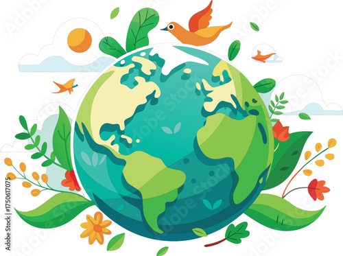 Vibrant earth surrounded by lush green foliage and a cheerful bird