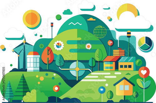 Green eco friendly landscape with sustainable energy and houses