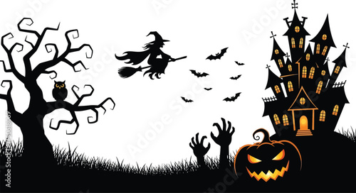 Spooky halloween night scene isolated on white background with witch and haunted house