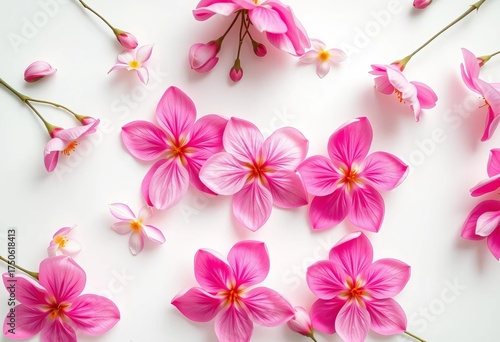 Delicate pink and white blossoms arranged artfully on a pristine white background, showcasing petal texture and delicate forms,  top view,  floral