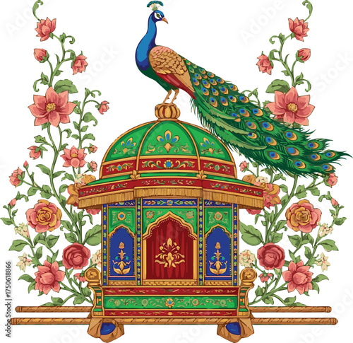 Colorful vector illustration of an Indian Mughal palki (palanquin) with peacock and floral plants, perfect for wedding invitations