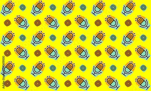 Vibrant repeating pattern of stylized microphones and abstract shapes on a bright yellow backdrop, representing audio and media concepts
