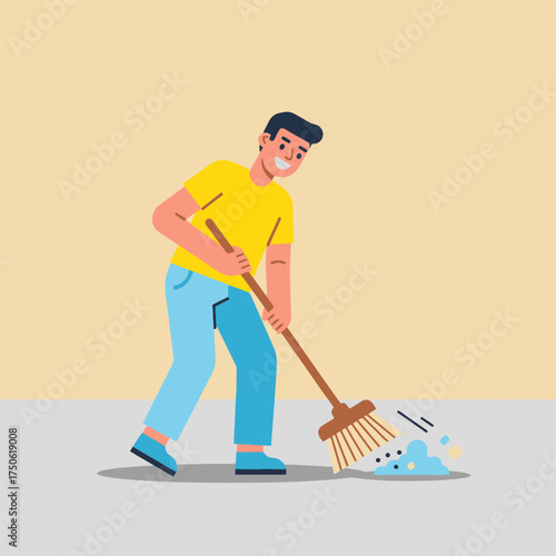 A young man sweeps the floor with a broom in a modern apartment, illustrating home cleaning and household maintenance.