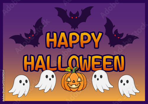 Felicitación de halloween con murciélagos, fantasmas y calabaza 