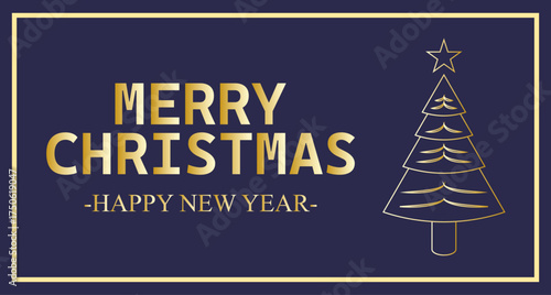 Felicitación de navidad con árbol de navidad en trazo dorado y fondo azul oscuro
