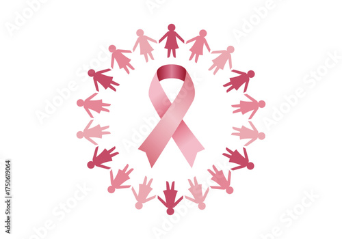 Lazo rosa rodeado de silueta de mujeres contra el cáncer de mama