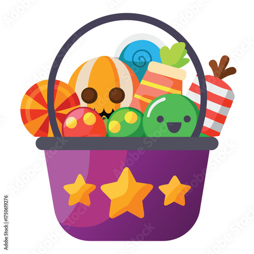 Purple trick or treat candy bucket full of sweets halloween