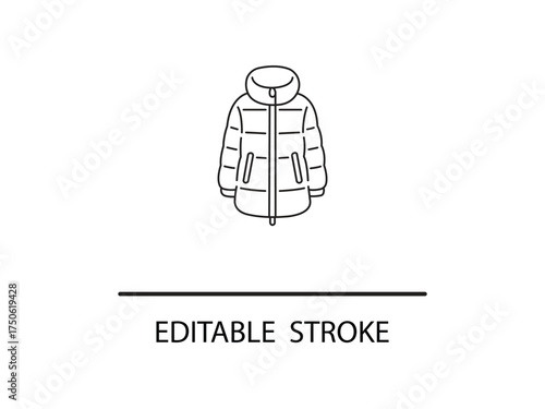 Cozy puffer jacket outline for stylish cold weather fashion design concepts and creative projects with editable stroke for customization.