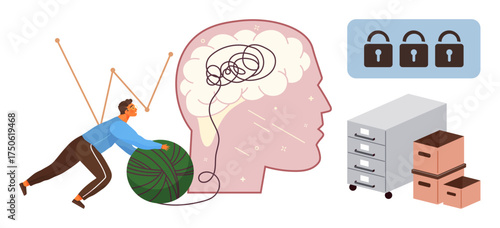Person untangling yarn, brain symbolizing confusion, locked padlocks, files, and storage boxes. Ideal for mental clarity, problem-solving, organization, security mindfulness intellectual growth