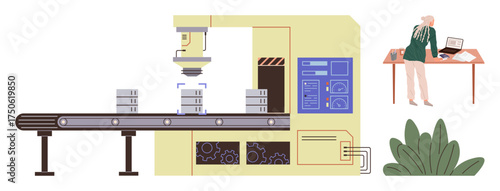 Assembly line with robotic arm stacking boxes, monitored by worker using a computer. Ideal for automation, manufacturing, industry 4.0, robotics, efficiency technology sustainability. Simple flat