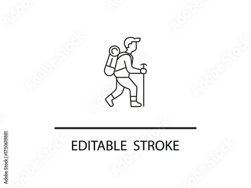 Minimalist vector line art of a hiker with backpack and walking stick ready for adventure with editable stroke for design flexibility.