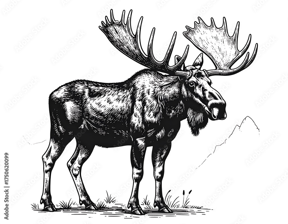 Obraz premium Detailed black and white drawing of a large moose