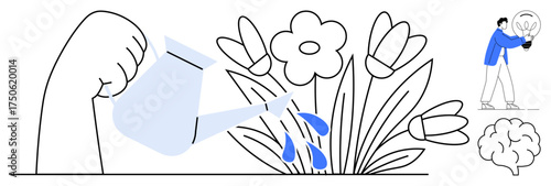 Hand watering blooming flowers, person holding glowing light bulb, brain icon. Ideal for creativity, growth, innovation, teamwork, problem-solving nurturing ideas motivation. Simple flat metaphor