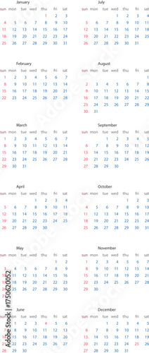 Full Year Calendar Grid with Months and Days monthly 2026
