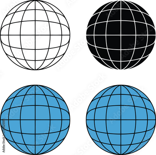 Four globe icons showing different styles and colors