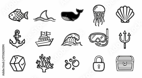 Black and white line art vector icons featuring marine life, nautical symbols, and underwater adventure elements on a white background.