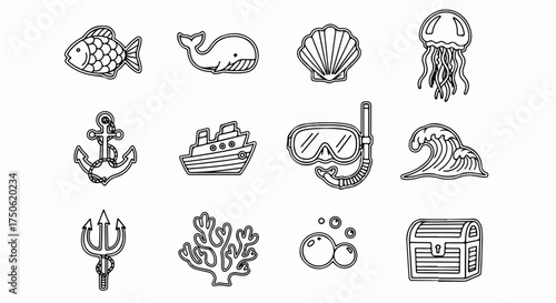 Ocean and Sea Line Art Icons Collection. Featuring marine life, diving gear, nautical symbols, and adventure elements for summer, travel, and aquatic themes.