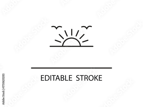 Minimalist sunrise with birds flying overhead, perfect for a zen morning or a new beginning with editable stroke for design.
