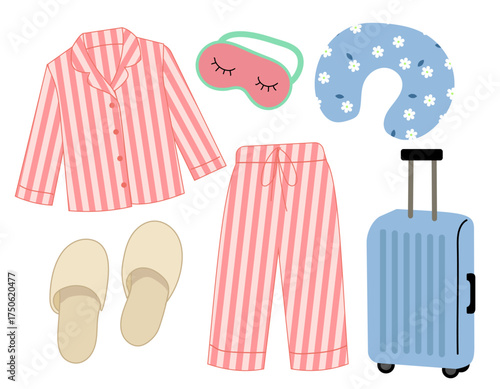 Travel and sleep essentials set with striped pajamas, slippers, eye mask, neck pillow, and suitcase — flat vector illustration of comfortable travel accessories