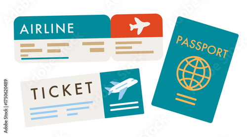 Flat vector illustration of passport and airline tickets – travel documents and flight essentials for tourism and vacation design.