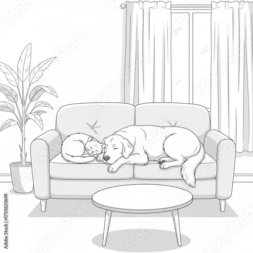 Peaceful living room scene showing a dog and cat sleeping together on a cozy sofa