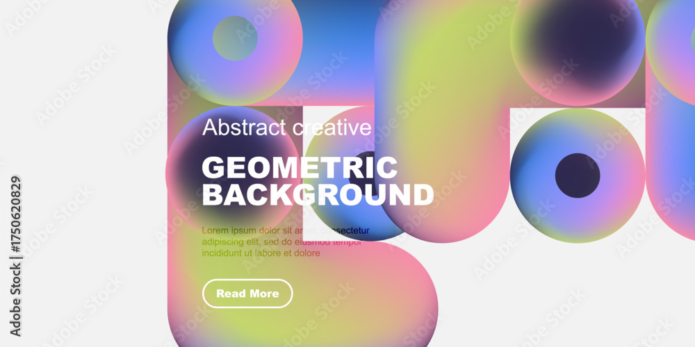 Fototapeta premium Abstract geometric shapes, vibrant colors, modern design. Text overlay presents background information, includes call to action button.