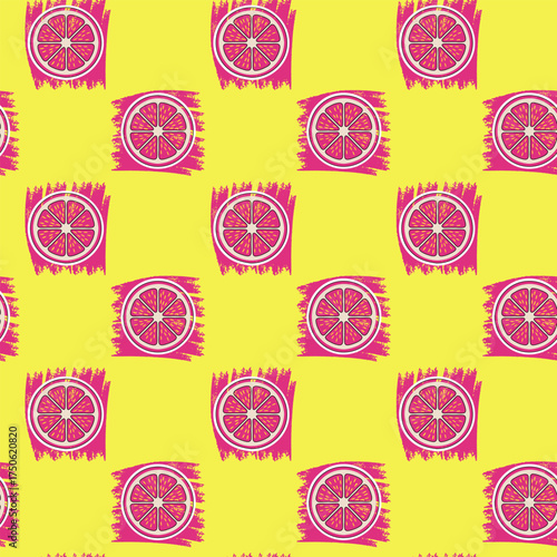 A vibrant seamless pattern featuring stylized pink grapefruit slices on textured squares against a bright yellow background, evoking a modern pop art style