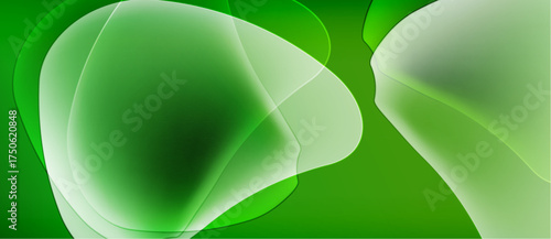 Abstract green shapes overlap, creating soft gradients. Fluid forms suggest movement, light plays across surfaces. Minimalist design.