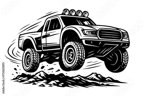 Black and white illustration of a trophy truck jumping mid-air over desert terrain