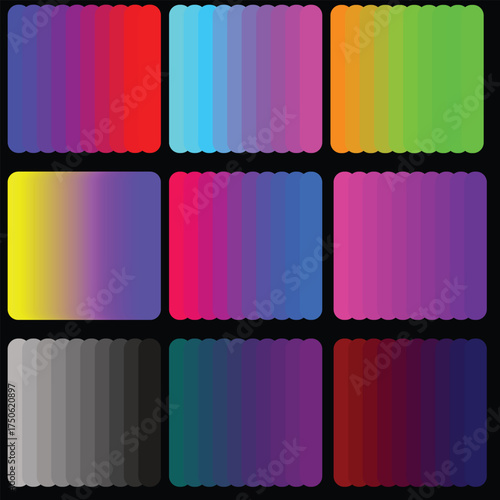Colorful gradient backgrounds with scalloped edges in a 3x3 grid.