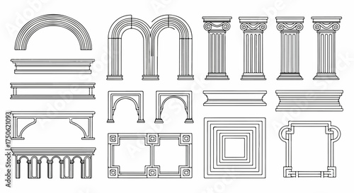 Outline vector set of classical architectural design elements including Ionic columns, arches, cornices, balustrades, and decorative frames for creative projects.