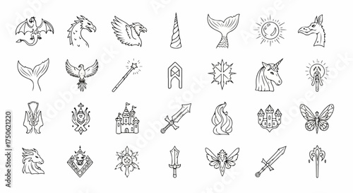 Collection of hand-drawn fantasy and mythical creature icons, including dragons, unicorns, mermaids, castles, and magic symbols, in a simple black and white line art style.