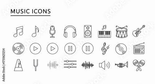 Comprehensive Outline Music Icons Set: Instruments, Audio Playback Controls, and Sound Elements for Web and App Design Projects