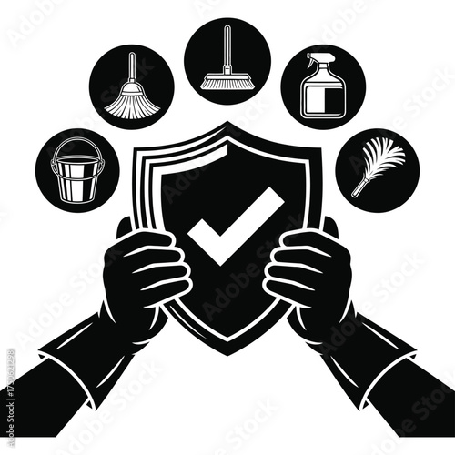 Gloves holding shield with cleaning tools and checkmark for protection