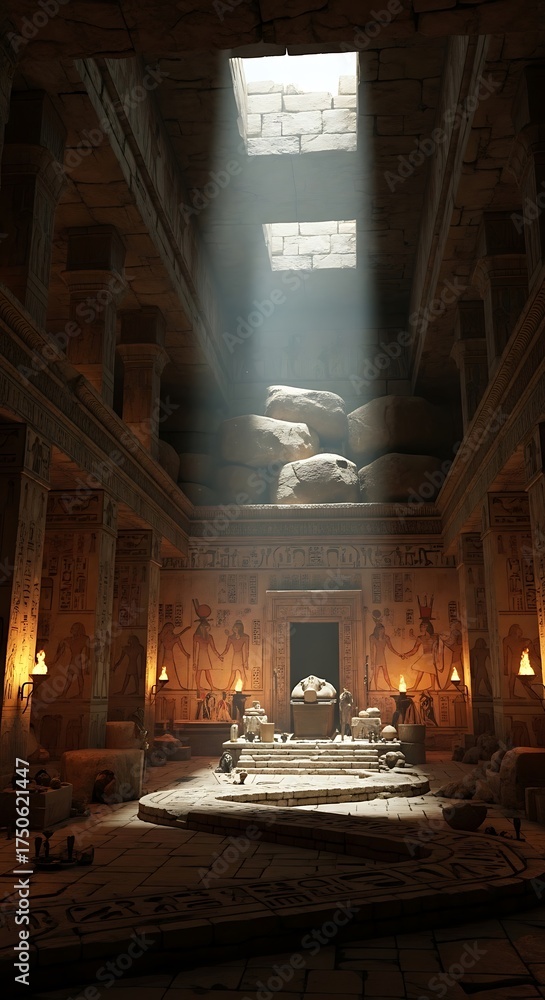 Obraz premium Sunlit Sanctuary - Ancient Temple Interior with Divine Illumination.