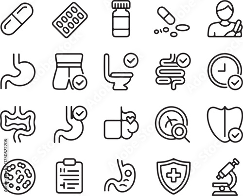 Digestive health icons: stomach, intestines, pills, doctor