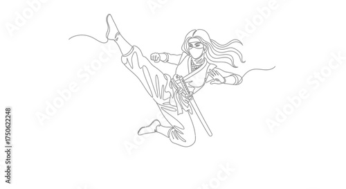 Continuous one-line drawing of a female ninja or fighter executing a mid-air roundhouse kick. Martial arts vector illustration.

