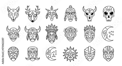 Large set of tribal, ethnic, and animal mask icons in simple line art style. Vector collection.


