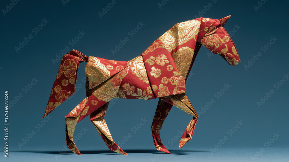 Obraz premium Elegant origami horse made from red and gold paper for Chinese New Year 2026, symbol of strength and good fortune