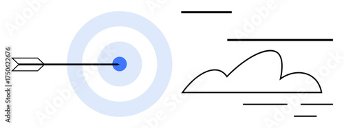 Arrow hitting bullseye in blue concentric target, minimalist cloud, and horizontal lines. Ideal for focus, success, strategy, precision, leadership goals and achievement concepts. Simple flat