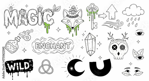 Mystical doodle collection of magic, enchant, and wild elements, featuring occult symbols, nature creatures, potions, crystals, and celestial motifs, perfect for witchy designs.