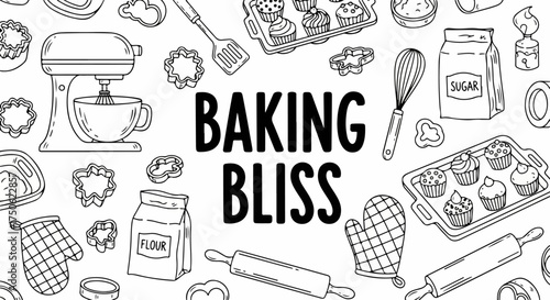 Hand-drawn outline illustration of baking tools and ingredients, creating a joyful cooking background.