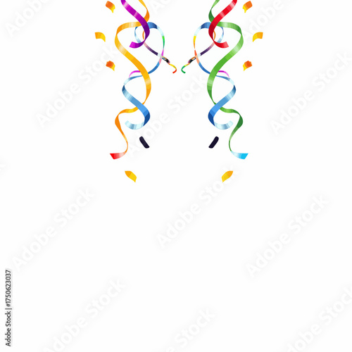 Colorful Spiraling Party Streamers with Confetti Floating on a White Background Celebrating Festive Occasions and Joyous Celebrations