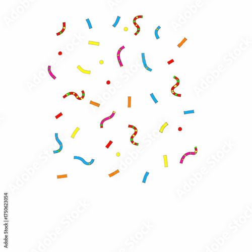 Colorful Geometric Confetti Pattern with Spirals and Squares on a White Background for Celebratory Design and Festive Decor