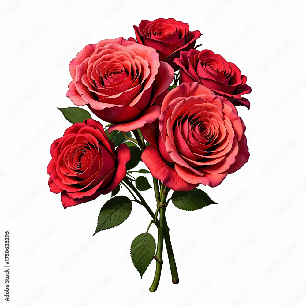 Obraz premium Vibrant Bouquet of Red Roses with Lush Green Leaves Showcasing Stunning Petals and Elegant Stems in a Beautiful Floral Arrangement Capturing Natural Beauty