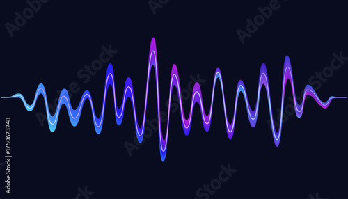 Vibrant, glowing abstract soundwave in blue and purple on a dark background. Digital equalizer waveform for music, audio technology, or frequency visualization. Modern tech concept.