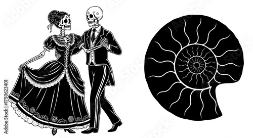 Victorian era skeletons dancing together next to a detailed ammonite fossil illustration