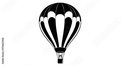 Vintage hot air balloon silhouette with stripes and gondola isolated on transparent background