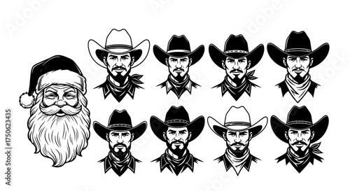Whimsical christmas illustration featuring santa claus alongside a collection of rugged cowboy portraits in a sketch art style