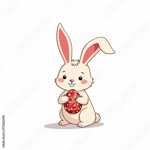 Adorable Cartoon Rabbit Character Holding a Patterned Egg in Charming Easter Illustration